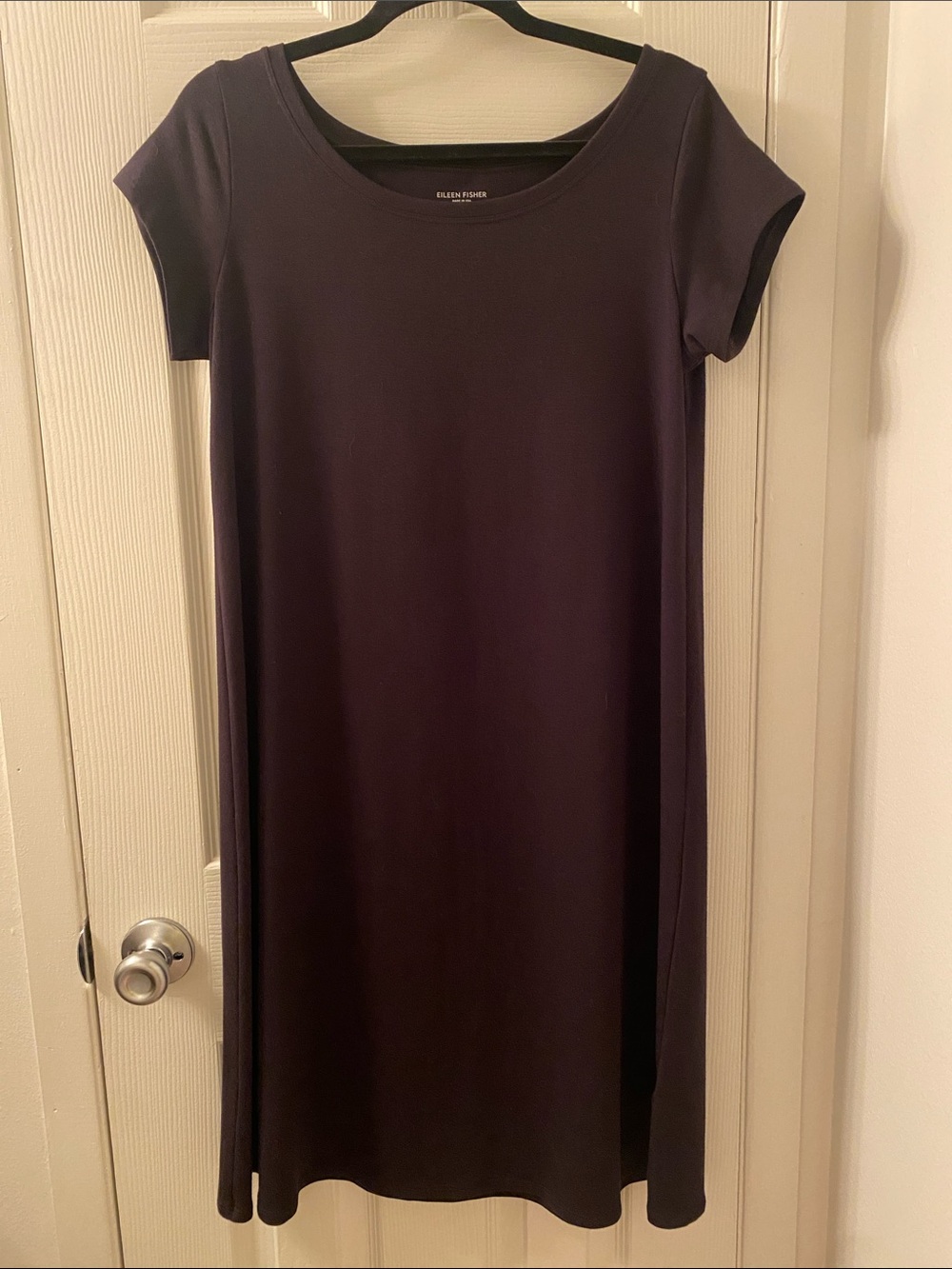 Eileen Fisher Black Short-Sleeve Scoop Neck Dress Organic Cotton Size Medium